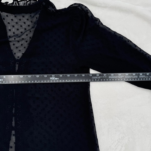 Zara Women Black Sheer Dobby Dot Lace Trim Ruffle Neck Button Front Blouse Small - Picture 6 of 6